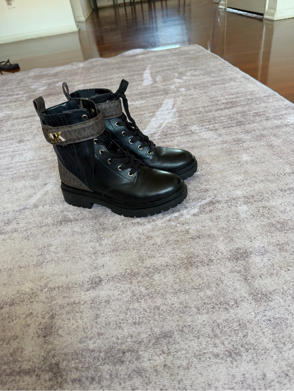 Michael Kors Black Leather Lace-Up Combat Boots with Monogram Strap